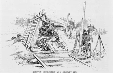 La destruction ferroviaire comme art militaire, illustration tirée de «Battles and Leaders of the Civil War», sous la direction de Robert Underwood Johnson et Clarence Clough Buel ; chemin de fer ; voies ; démantèlement ; travail